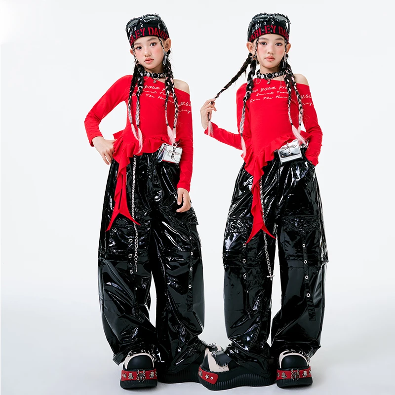 

Одежда для танцев Kpop, детский джазовый наряд, красный топ, черные штаны, модель для девочек, одежда для подиума, модная уличная одежда 2871
