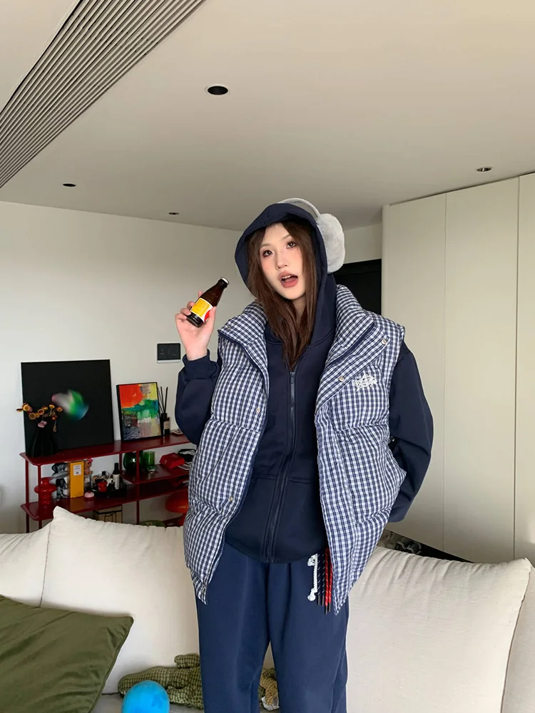 

Loose Plaid Cotton Jaet Vest Women's Autumn Winter Blue Color Stand Collar Trendy Outerwear Comfortable Polyester Fabric