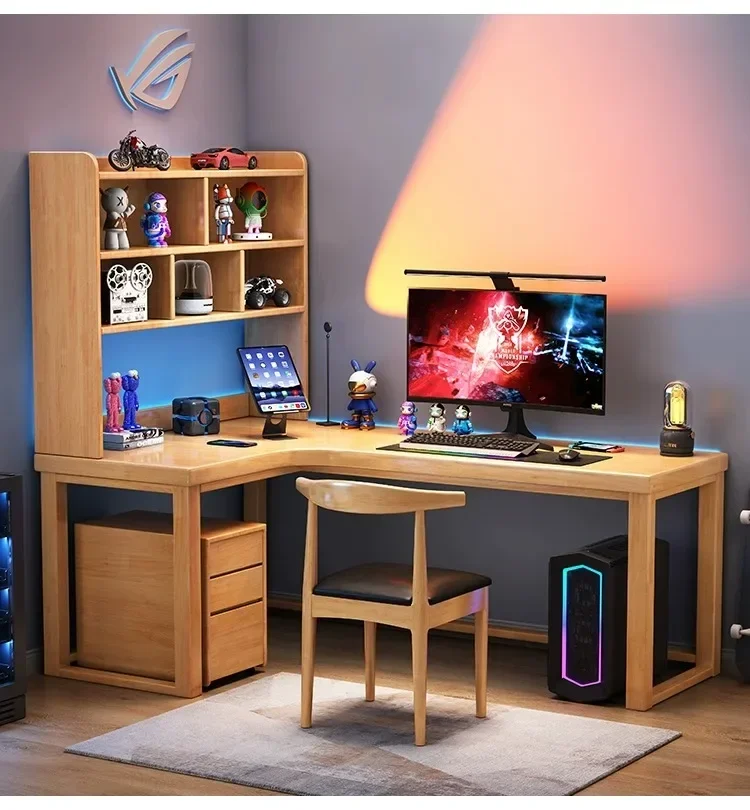 

# Угловой компьютерный стол для киберспорта, спальни, книжная полка из цельного дерева, встроенная L-образная угловая офисная полка