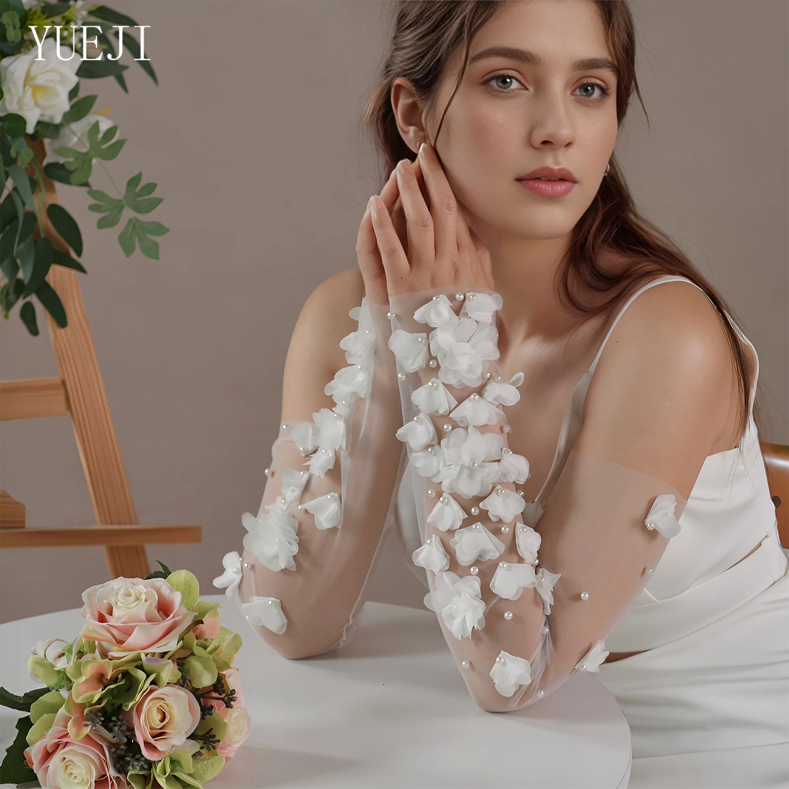 

YUEJI свежие и элегантные женские перчатки из органзы в форме жемчужного цветка, съемные дышащие тюлевые перчатки без пальцев VM45