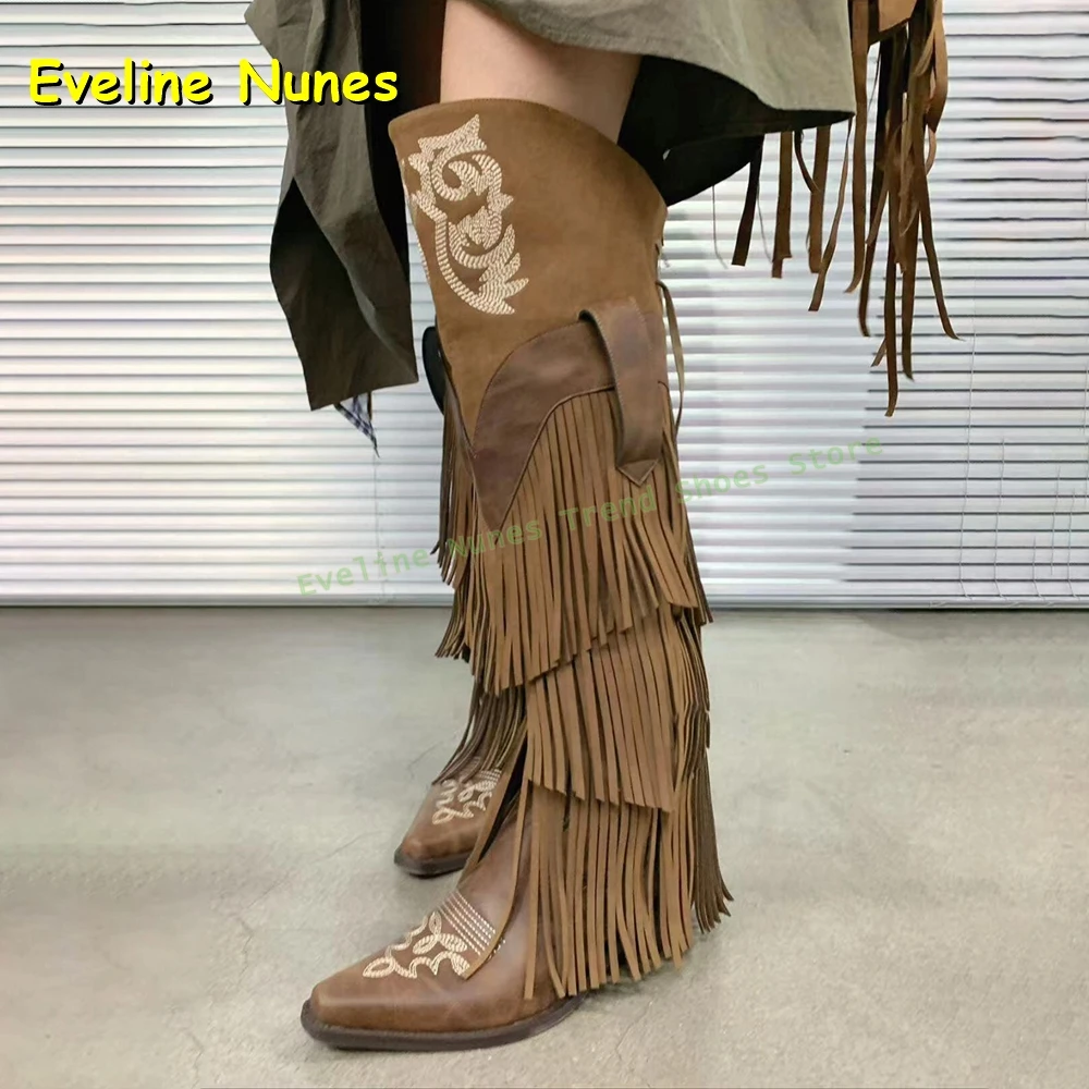 Vintage Layered Fringed Cowgirl Boots for Women Embroidered Knee High Western Boots for Festival & Country Style Outfits Newest