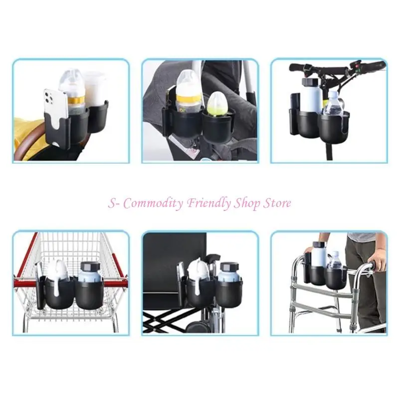85AE Pushchair Beverage Holder 360° Rotation Double Bottle Organiser for Stroller