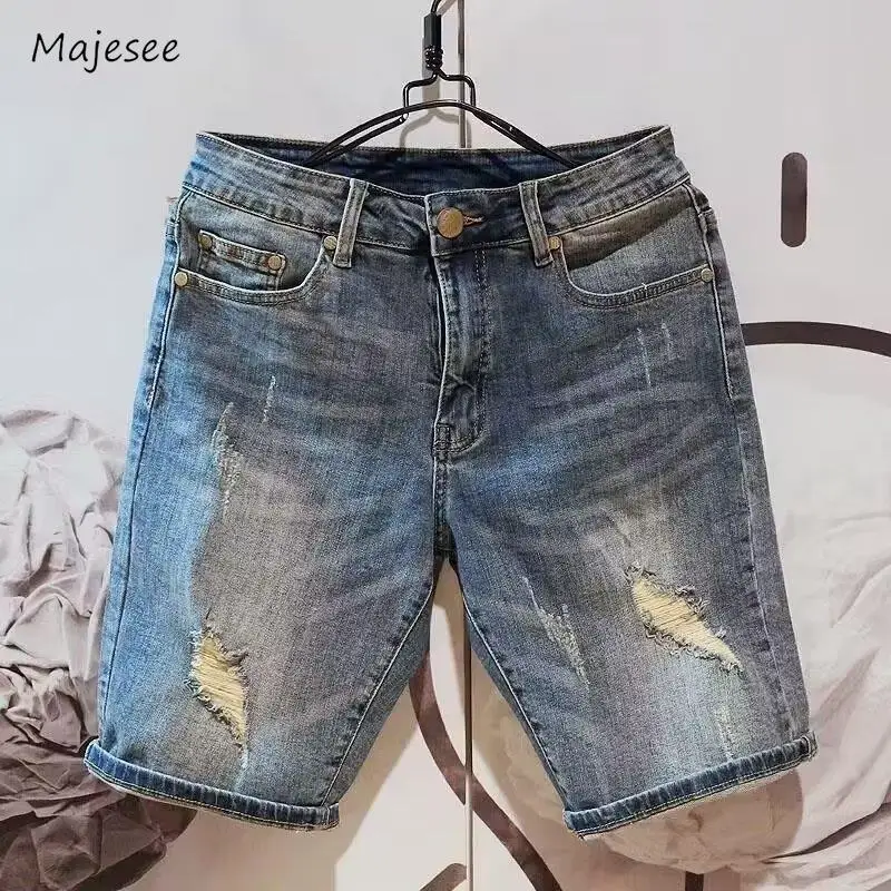 Shorts Men Denim Vintage Chic Breathable Hole Daily Washed Ins European Style Summer Youthful Charming Simple Gradient Color New