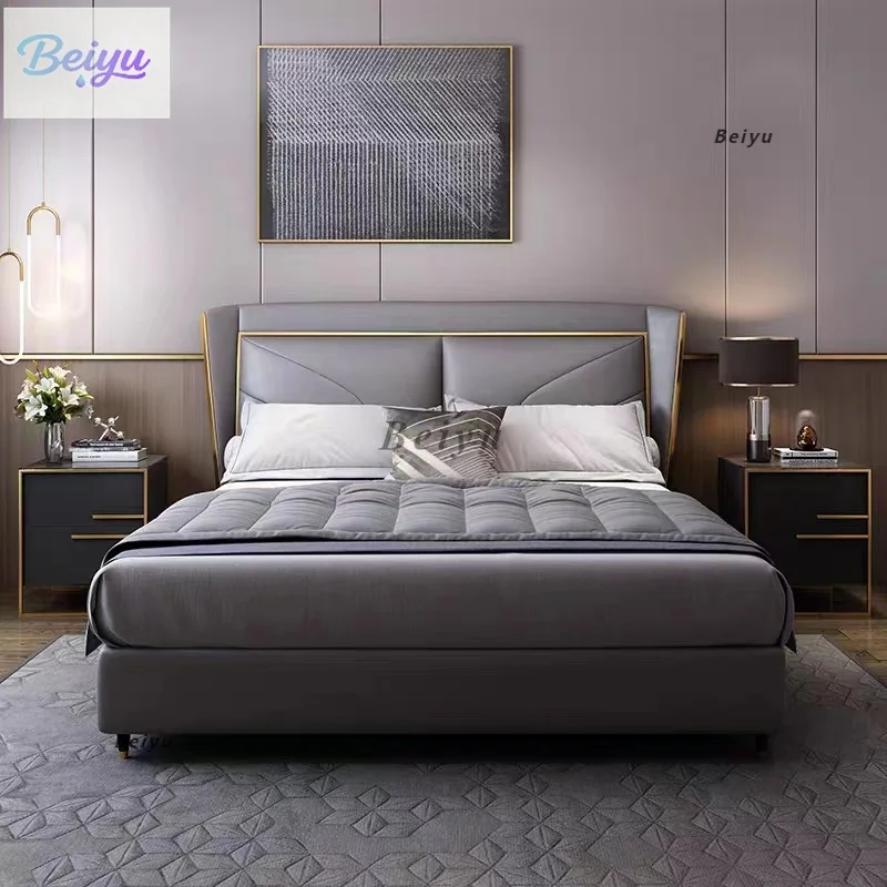 

Light luxury modern Internet celebrity first layer cowhide leather bed Italian minimalist high-end double simple 1.8 meters mast