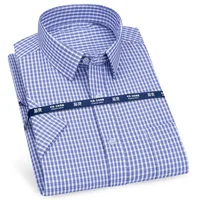 Camisa de manga corta para hombre, informal, de negocios, clásica, a rayas, a cuadros, camisas de vestir sociales para hombre, camisas de calidad de playa azul púrpura