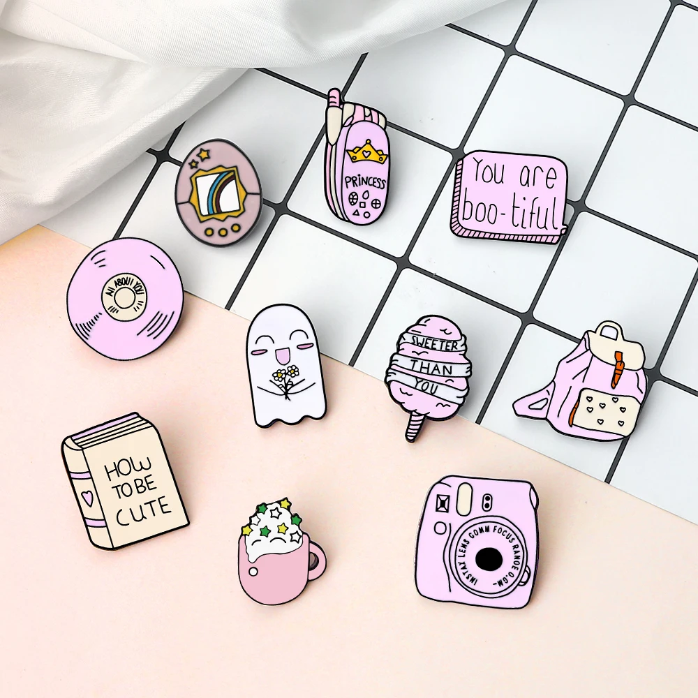 Cartoon Cute Pink Enamel Pin Ghost Game Machine Camera Cup Brooch for Friends Traveling Hiking Backpack Lapel Badge Jewelry Gift