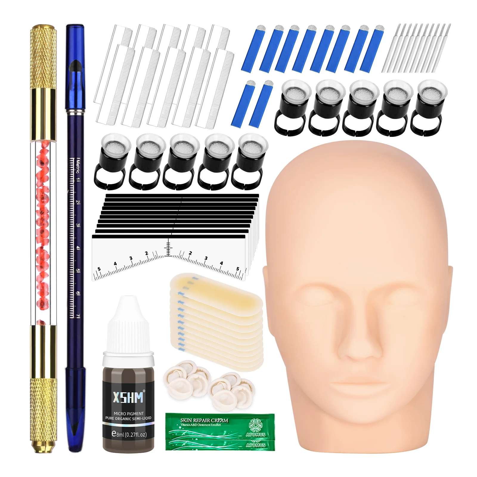 Microblading Practice Kit Golden Complete กึ่งถาวรปากกาชุดเครื่องมือสําหรับ Professional Mannequin Head แพทช์คิ้ว