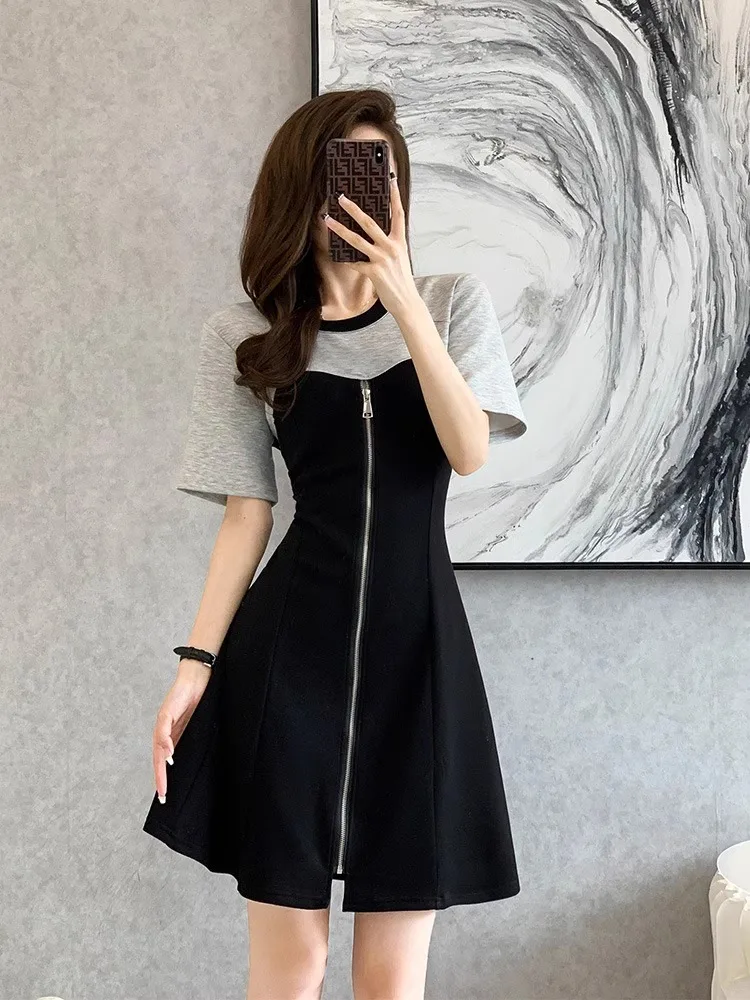 Color Blo Casual T-shirt Dr Feminino Verão Cintura Alta Emagrecimento Falso Saia Bla de Duas Peças Coreano Sle redondo Ne Or...