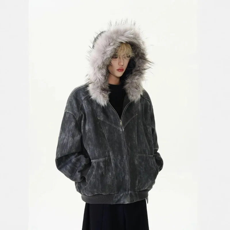 Men's Trendy Brand Tie-dye High-end Thickened Warm Jacket New Popular Mountain Carving Hooded Big Sweater Cotton-padded Clothes