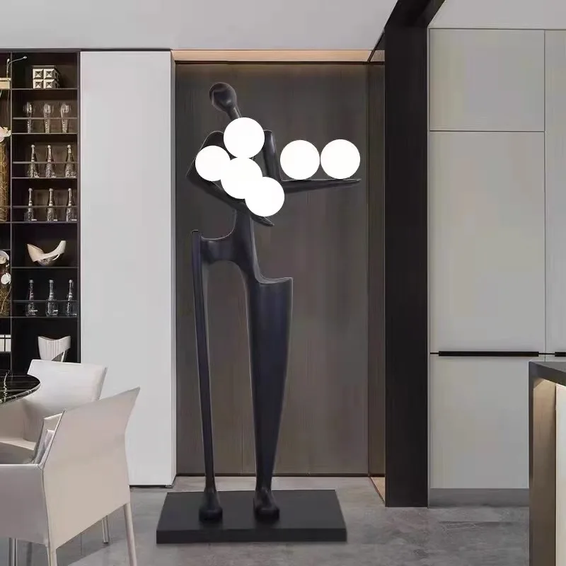 Nordic Modern LED Floor Lamp Humanoid Figure Sculpture with Red Glass Metal for Hotel & Living Room Art Decoration