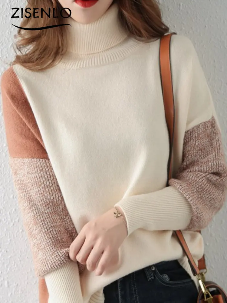 New Autumn Winter Casual Sweater Turtleneck Contrast Color Loose Sweater Oversized Sweater Pullover Korean Fashion