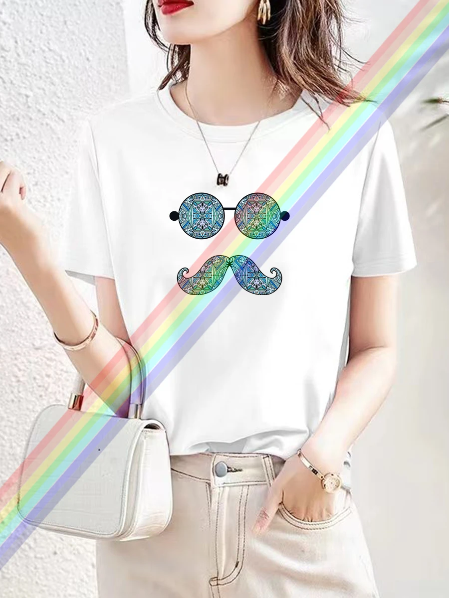 Women's Fashion Crew-Neck Sunglasses Print Summer Trend Women's Y2K Top Trend Breathable Crisp Short Sleeve T-Shirt