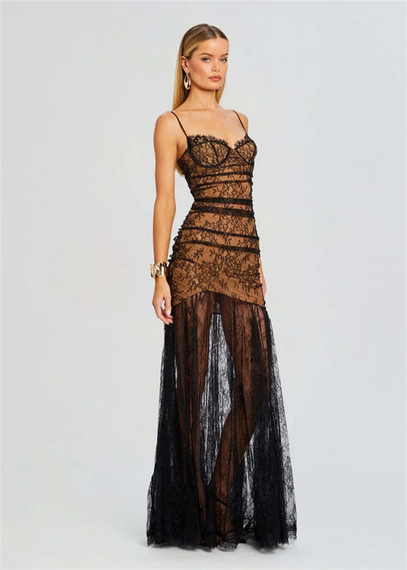 Spaghetti Strap Lace Sheer Women's Prom Dress Deep-V Neck High Split Party Gown Brown Backless With Zipper Evening Dress Newest