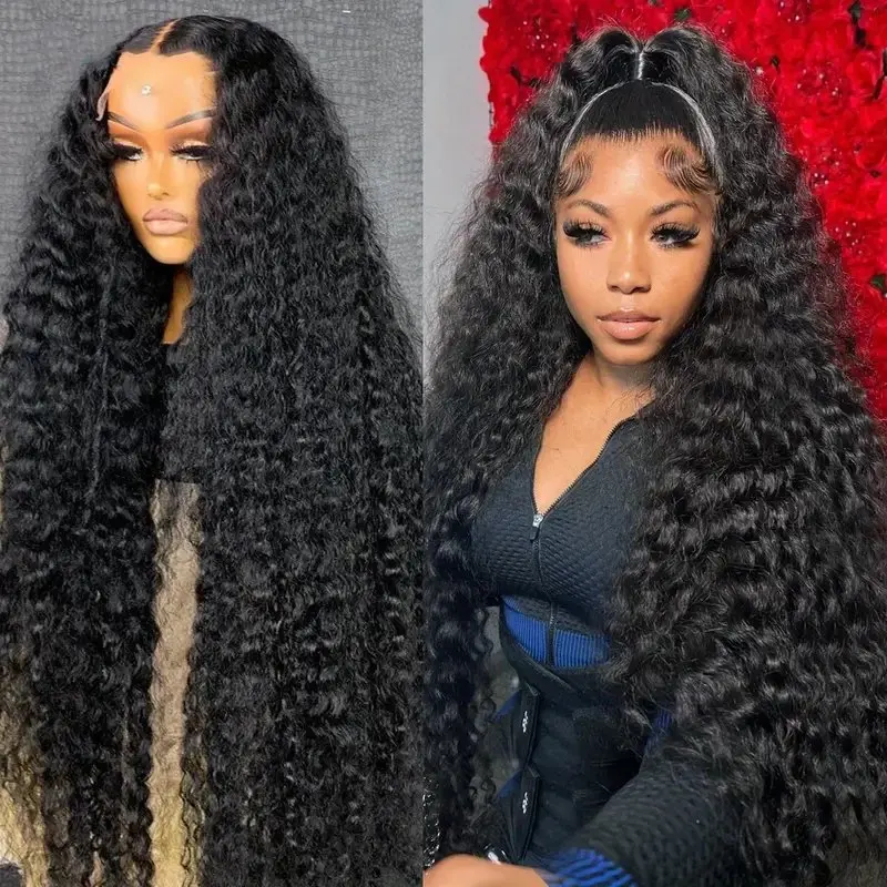 Curly 150%  Full Wig 13x6 Lace Front Deep Wave Natural Black 40 Inches 5x5 Glueless  Frontal For Women Human Hair Wigs