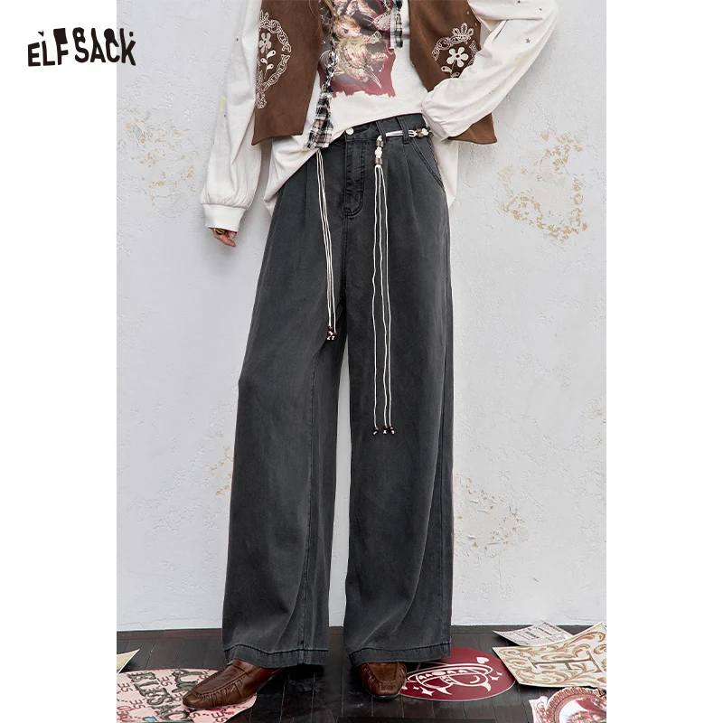 

ELFSACK 2025 Autumn New Arrival Boho Casual Belt Detail Straight Leg Wide Leg Loose Fit Denim Pants For Woman