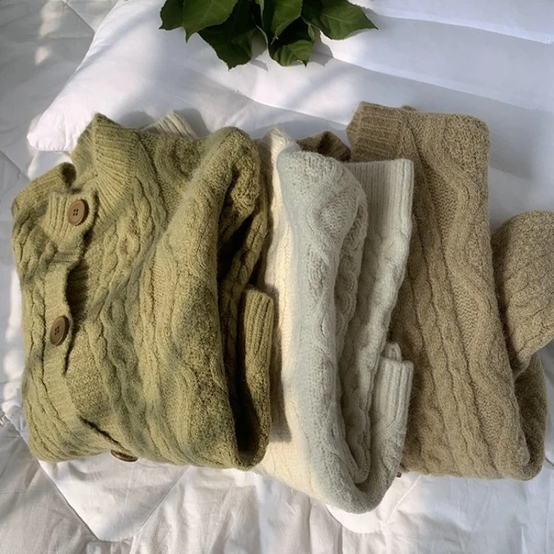 تويست سترة مشغولة من الصوف المرأة زر عادية بسيطة الرجعية س الرقبة الجلد ودية سترة سميكة مكتب سيدة طويلة الأكمام سترة