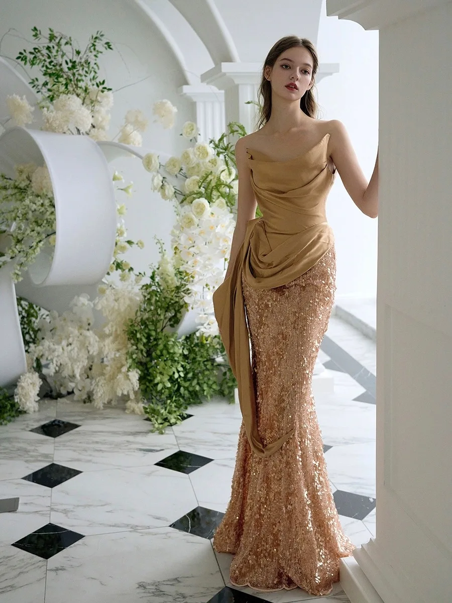 

Champagne Gold Prom Dresses Mermaid Ribbon Boat Neck Pleated Strapless Woman Saudi Arabic Sequins Sexy Formal Evening Gown