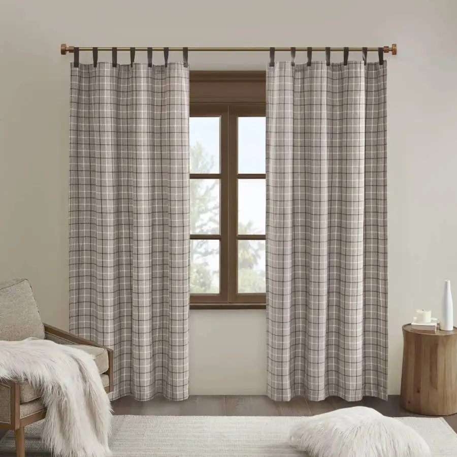 

Living room plaid faux leather tab top curtain panel, brown, fleece-lined for insulation and privacy