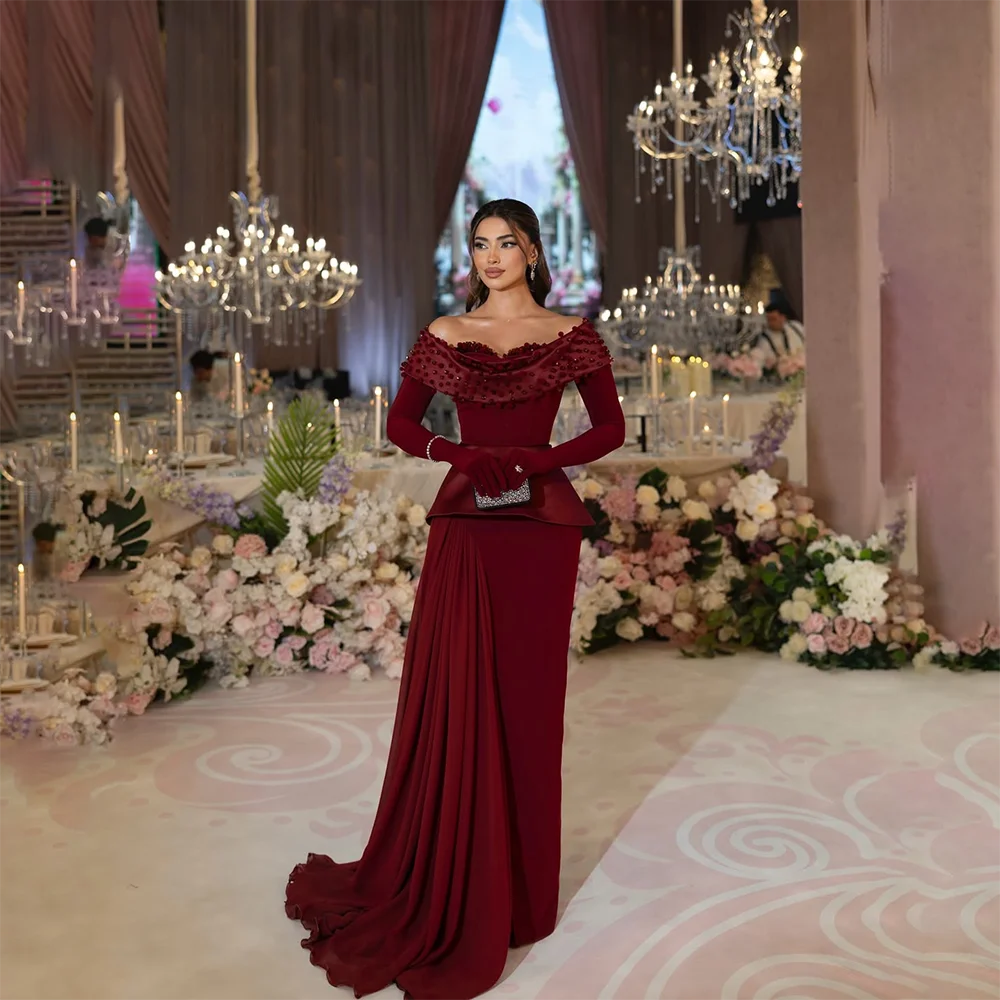 

Wedding Party Dress for Woman Customized Burgundy Off The Shoulder Long Sleeve Pleat Straight Floor Length Evening Dress