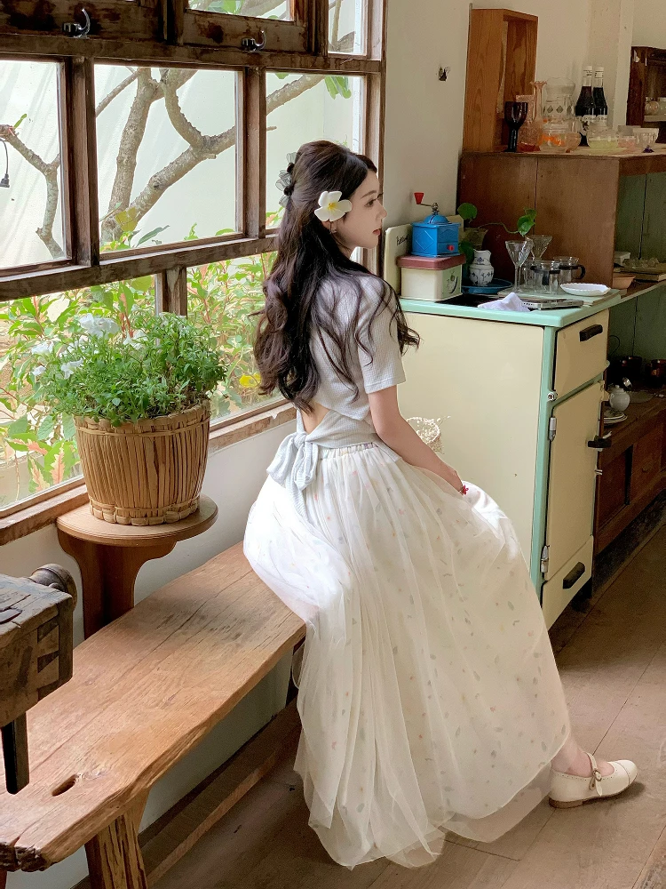 

Roro eep Twin Ballet Knitted Base irt Chiffon Lace f Skirt Set Women's Faion Set ort Sve T-irt Sle French S...