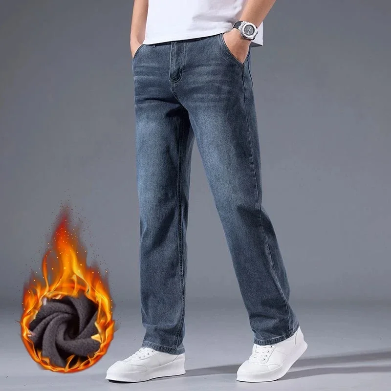 Winter Fleece Männer Jeans Dicke Stretch Business Casual Hosen Klassische Lose Gerade Warme Samt Denim Hosen Büro Täglichen Verschleiß