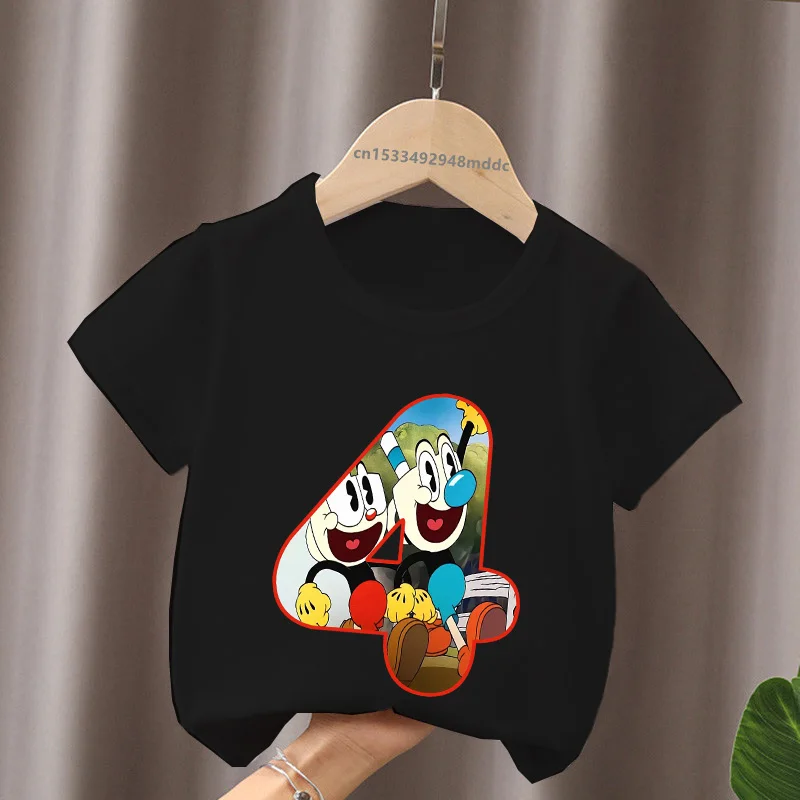 Cute Cuphead Game Print Number Bow Cartoon Kids T shirt 1 2 3 4 5 6 7 8 9 Years Birthday Baby Boys T-Shirts Funny Girls Clothes