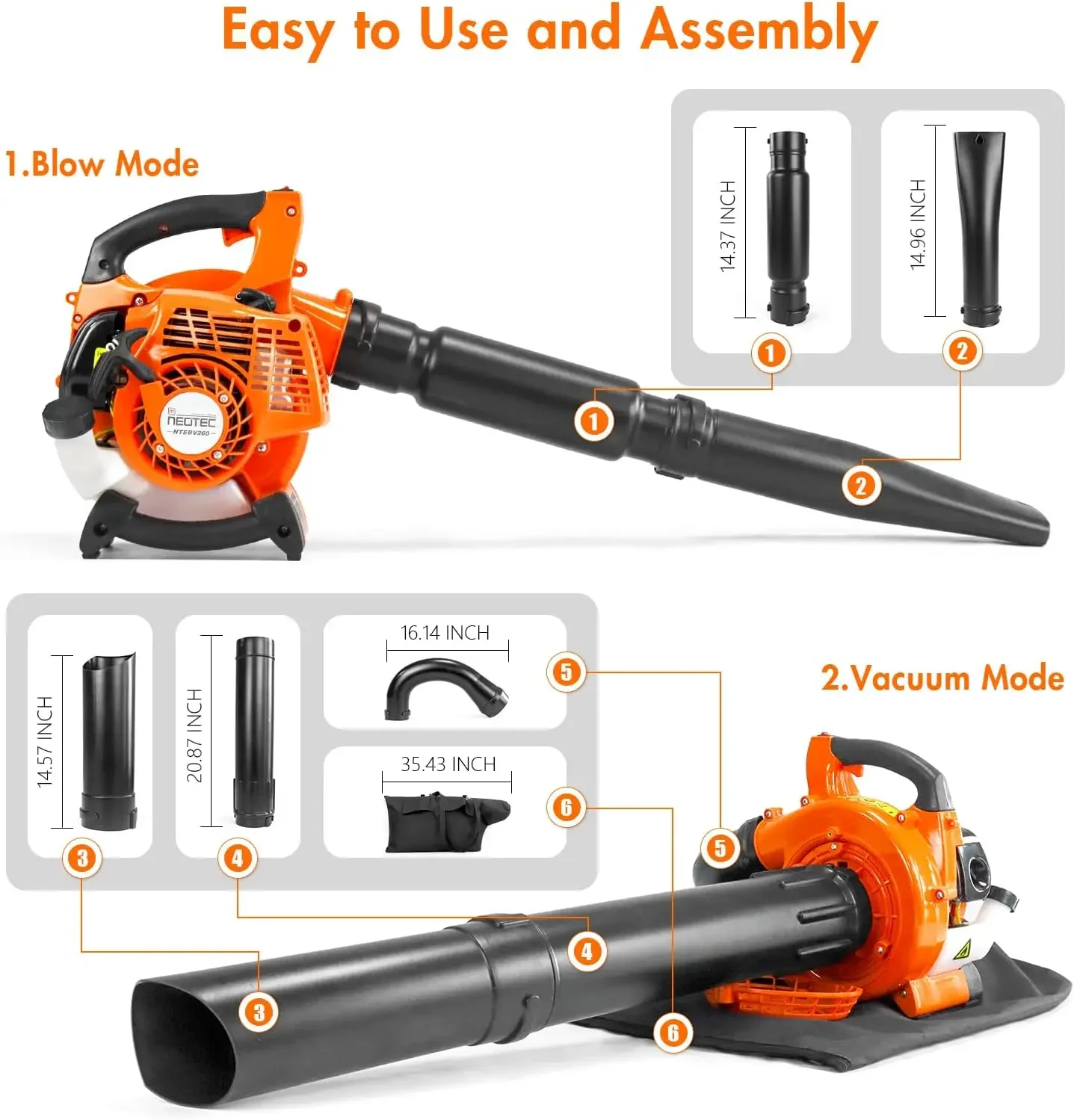3 in 1 Gas Leaf Blower 2-Cycle Handheld Cordless Leaf Blower with Mulcher and Vacuum Bag, 25.4cc, 432CFM, 180 MPH, Ergonomic