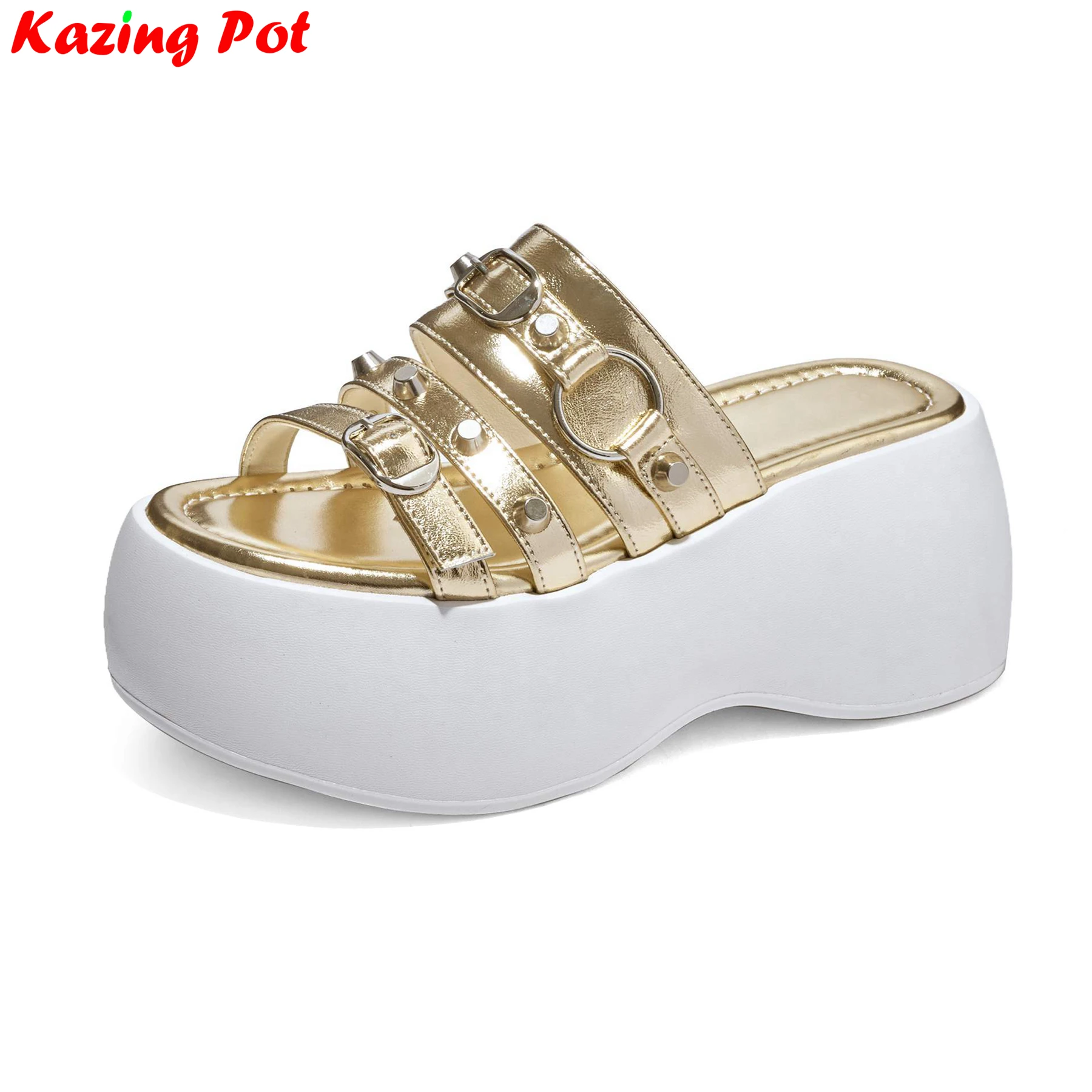 

Krazing Pot, элегантные повседневные шлепанцы из коровьей кожи на высоком каблуке, летние сандалии на платформе с открытой пяткой и заклепками, роскошные уличные тапочки