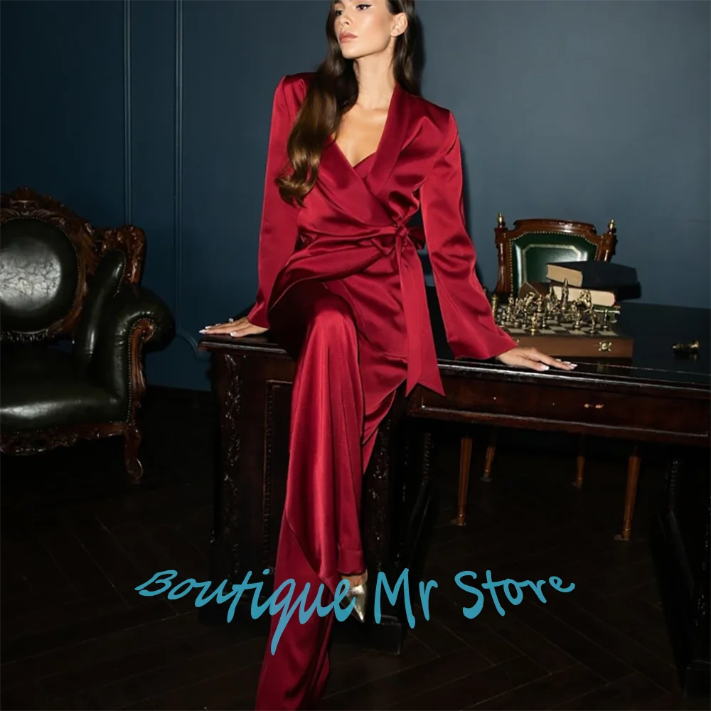 

Glamorous Red Satin Women's Blazers and Suit Set Elegant Shawl Lapel Jacket+Pants with Waist Tie for Formal Evening Party