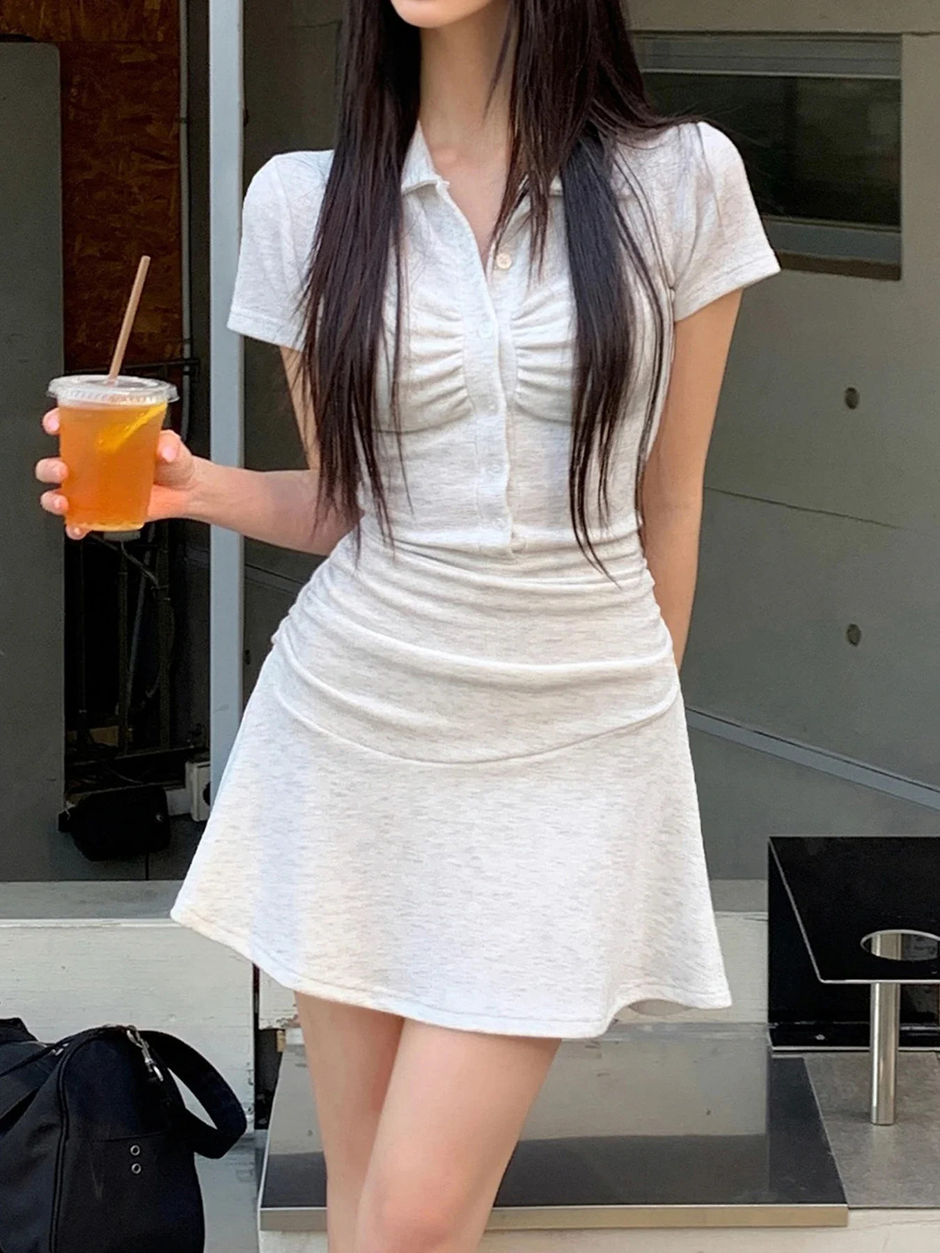 

Fashion Solid Ruched Slim Fit Elegant Women Dresses Summer Polo Neck Simple Sports Style Mini Dress