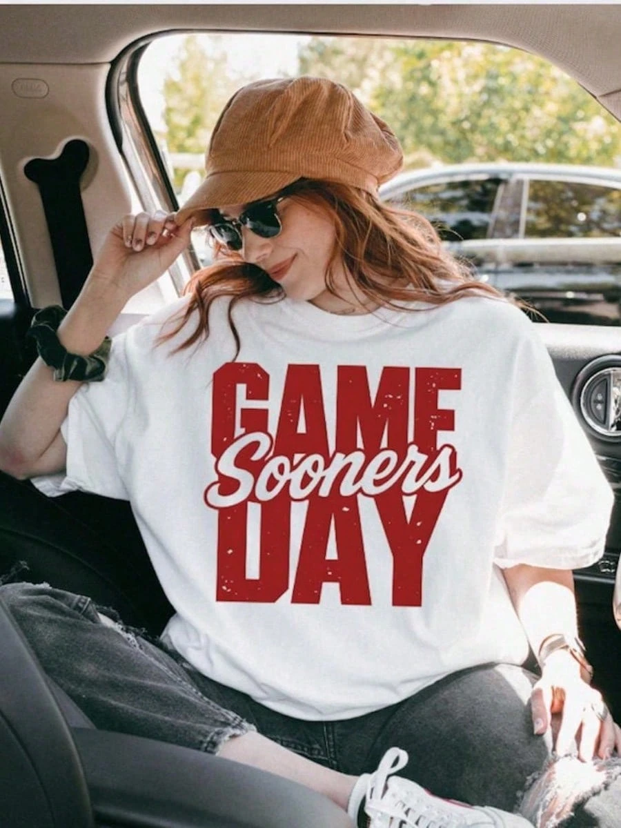 Game Day Sooners Letter Print T Shirts Women Summer Cotton T-Shirt Hip Hop Loose Streetwear All-Match Casual Soft Clothing