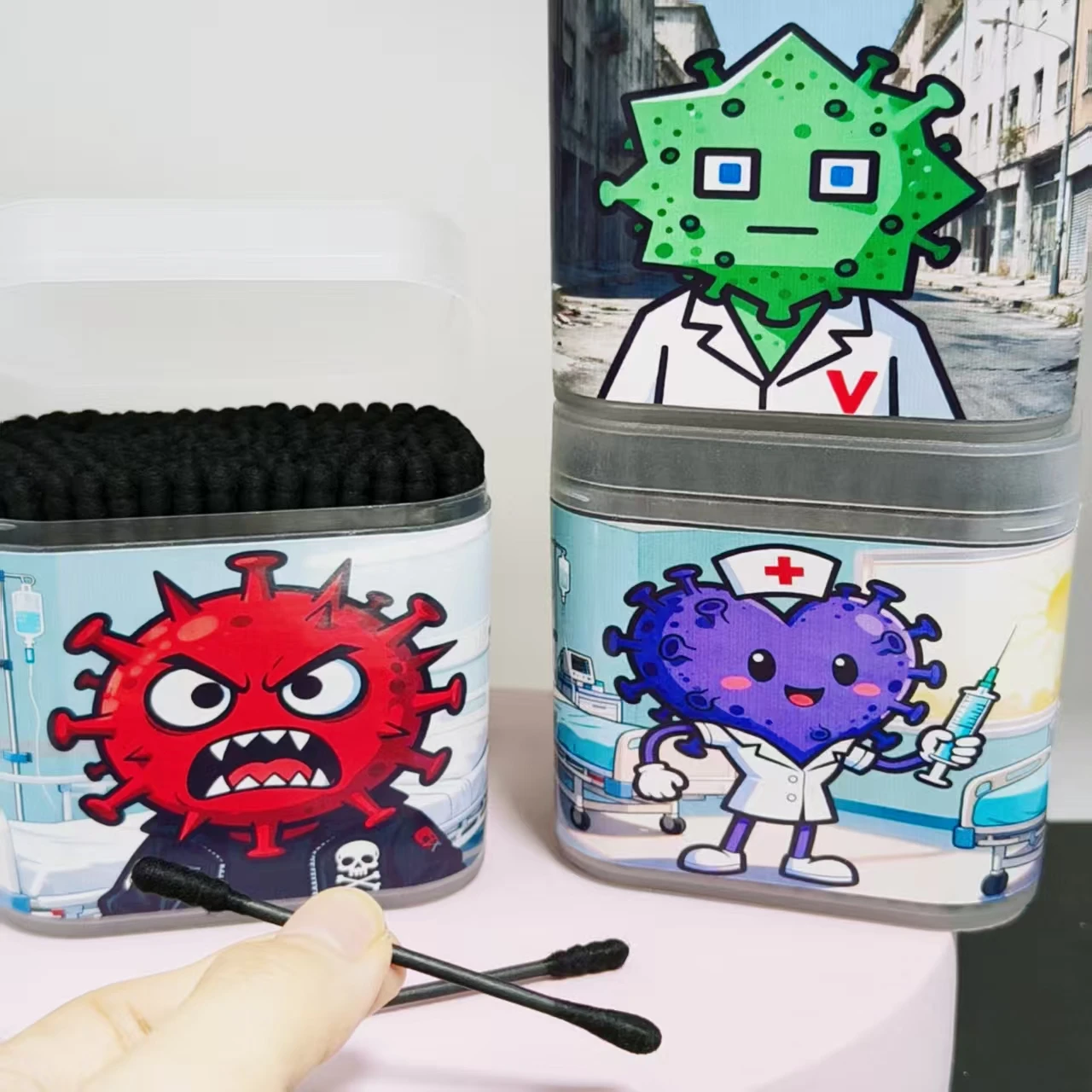 600 Uds (3 cajas) hisopo de algodón con patrón de tema de virus médico hisopo de algodón de doble cabeza negro hisopo de algodón de regalo de vida