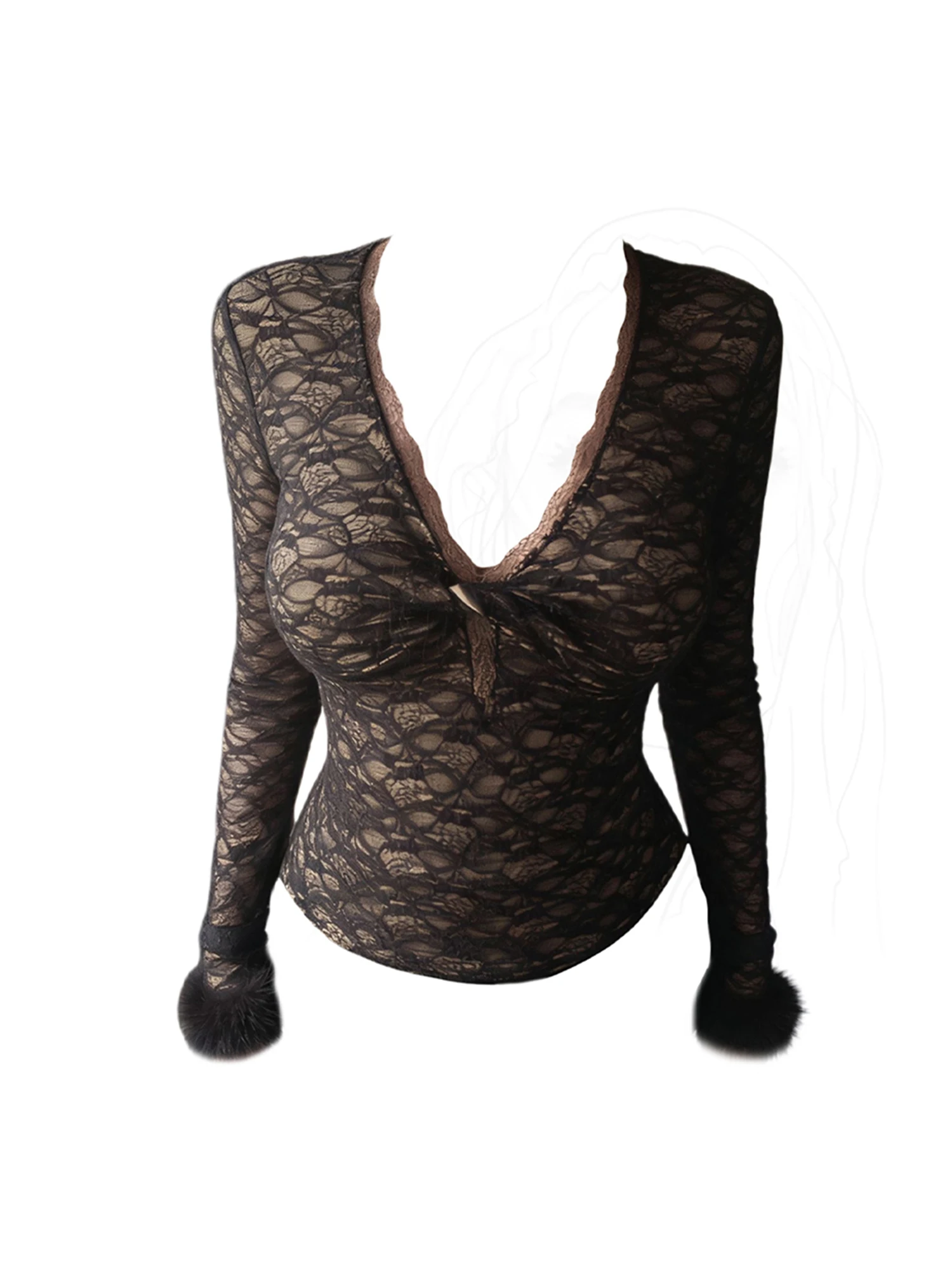 

Женская черная готическая футболка Emo Y2k с v-образным вырезом Gyaru, кружевная футболка 2000-х годов, винтажная сексуальная футболка большого размера с длинными рукавами, весна 2026