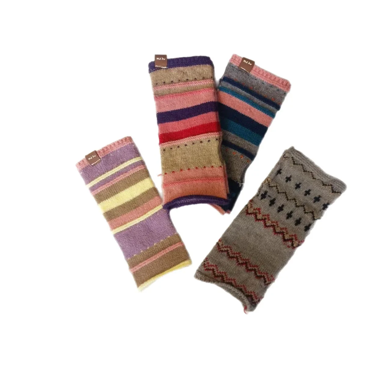 Fingerless Wool Knit Gloves Colorful Horizontal Striped Warm Winter Gloves for Women Students Writing Gaming