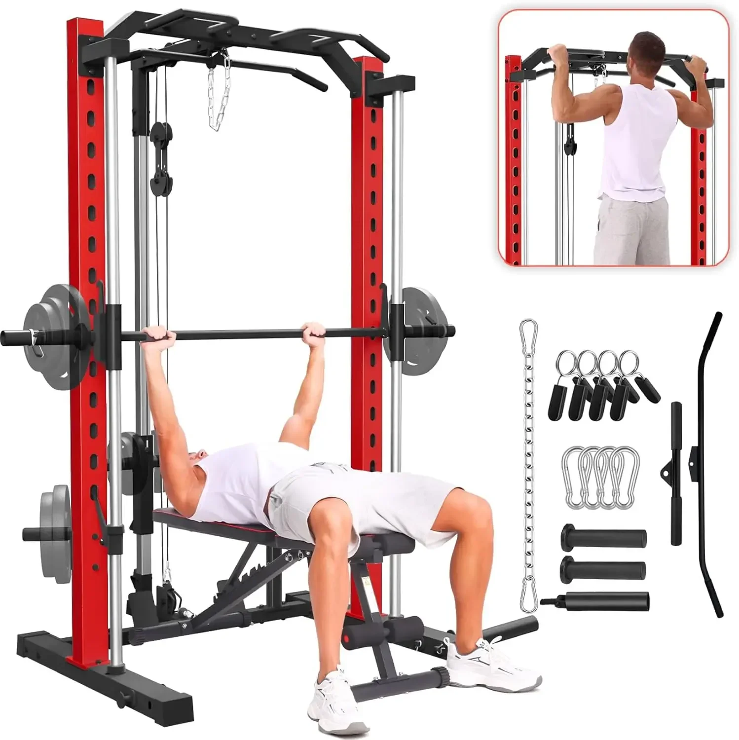 All in One Smith Machine, 1400LBS Multi-Functional Smith Machine Home Gym, Squat Rack with LAT-Pull Down System, Power Rack with