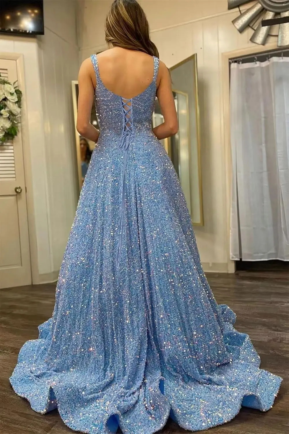 Elegante vestido de fiesta con lentejuelas de manga larga, vestido formal elegante con abertura de satén y cuello en V, vestido de noche de cóctel con bolsillos