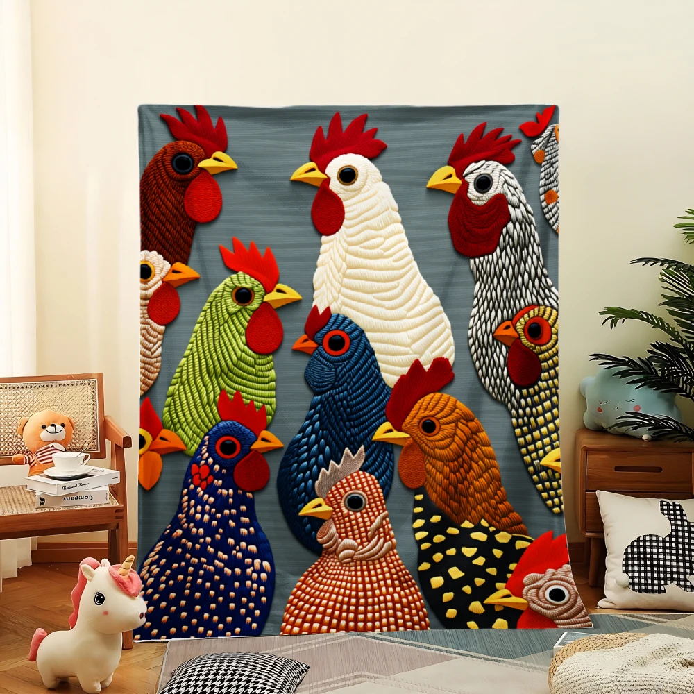 A Vintage Rooster Blanket Art Piece Made of Flannel, Featuring a Rooster Design. It'S Soft, Warm, And Comfortable, Making It a P