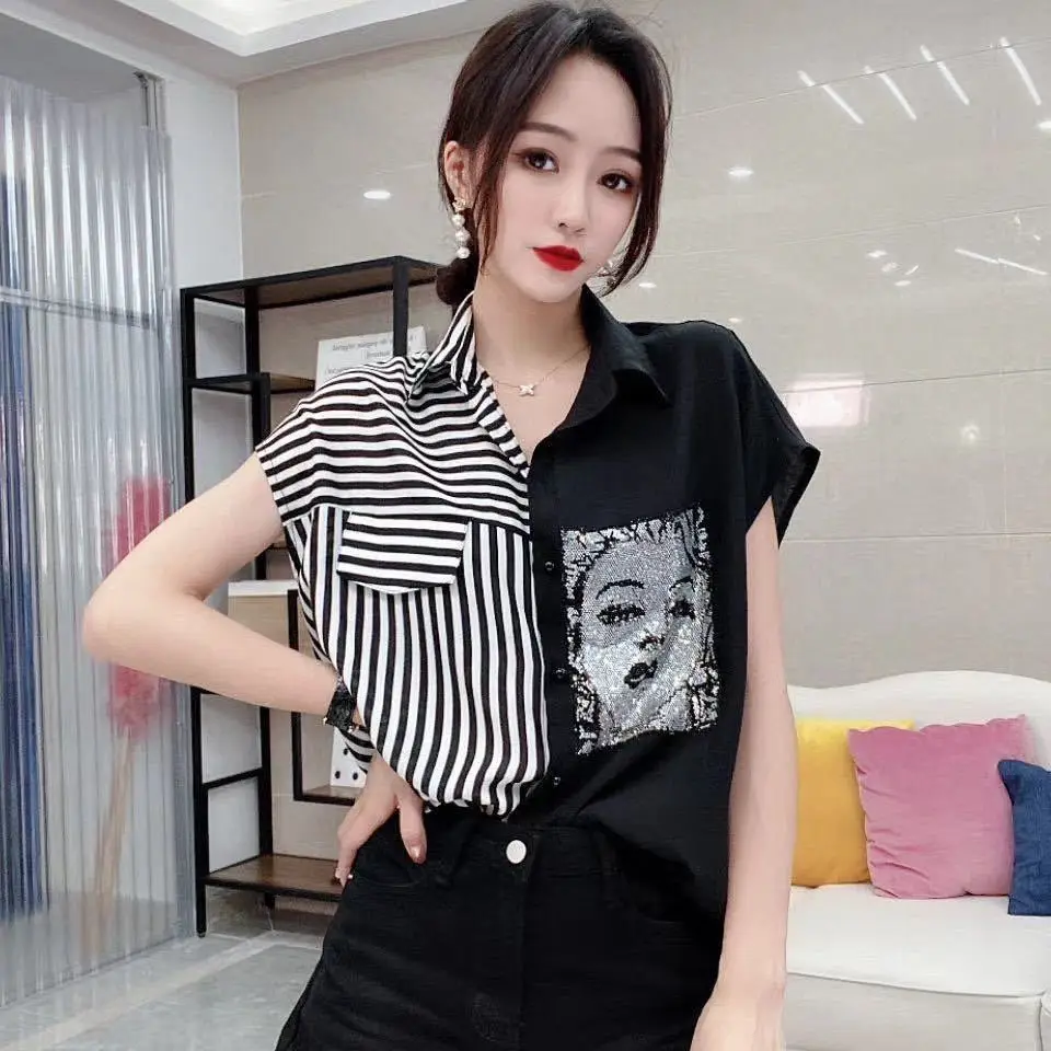 Casual Fashion Hot Diamond Western Style Stripe Spliced Chiffon Shirt for Women's Summer New Short Sleeved Loose Slimming Top