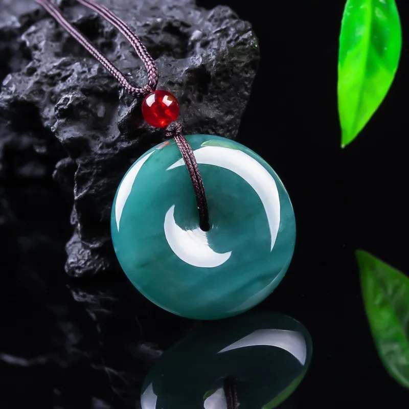 Jadeite Peace Buckle , Raw Necklace, Green Jade Round Pendant