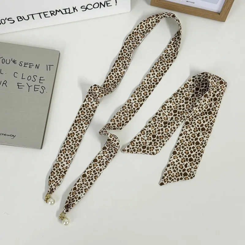 2025 Pearl Pendant Long Silk Scarf for Women Spring and Autumn Trend All-Match Hair Band Ribbon High-Grade Ribbon Scarf