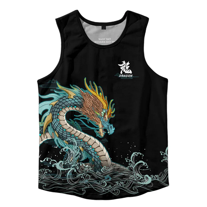 Anime Dragon Print Tank Tops Sleeveless Shirt Sportswear Vest Japanese Casual Singlet Plus Size Mesh Tops Men Gym Clothing