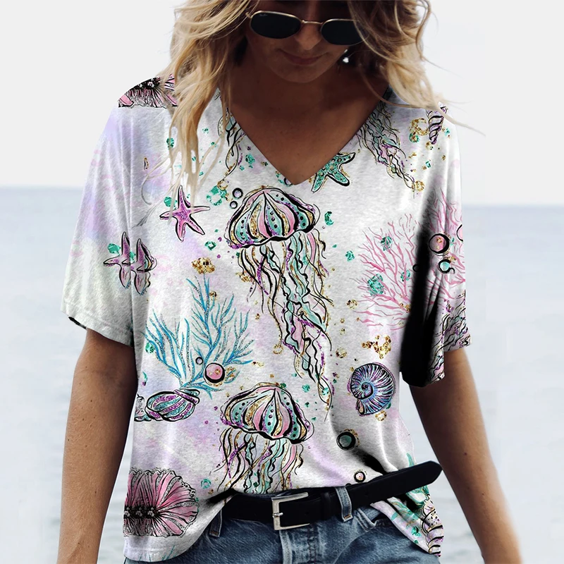 

Футболка с 3D принтом «Медуза Раковина», летние женские повседневные футболки с v-образным вырезом, уличная одежда, топы Y2k, Harajuku, женские футболки большого размера, одежда