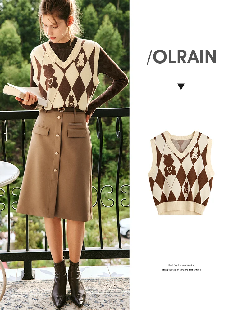 

OLrain женский свитер Argyle, жилет 2022, осень-зима, контрастный цвет, милый жилет с медведем, асимметричные вязаные топы с v-образным вырезом O22QM60899