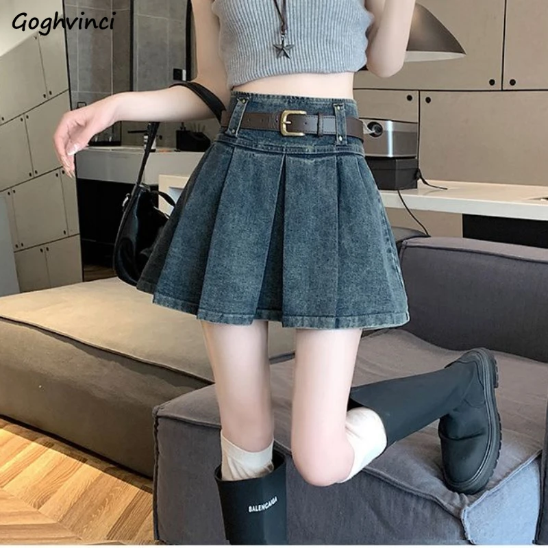 Skirts Women A-line Denim Chic High Waist Vintage All-match Pleated Casual Ins Spring Summer Students Daily Streetwear Prevalent