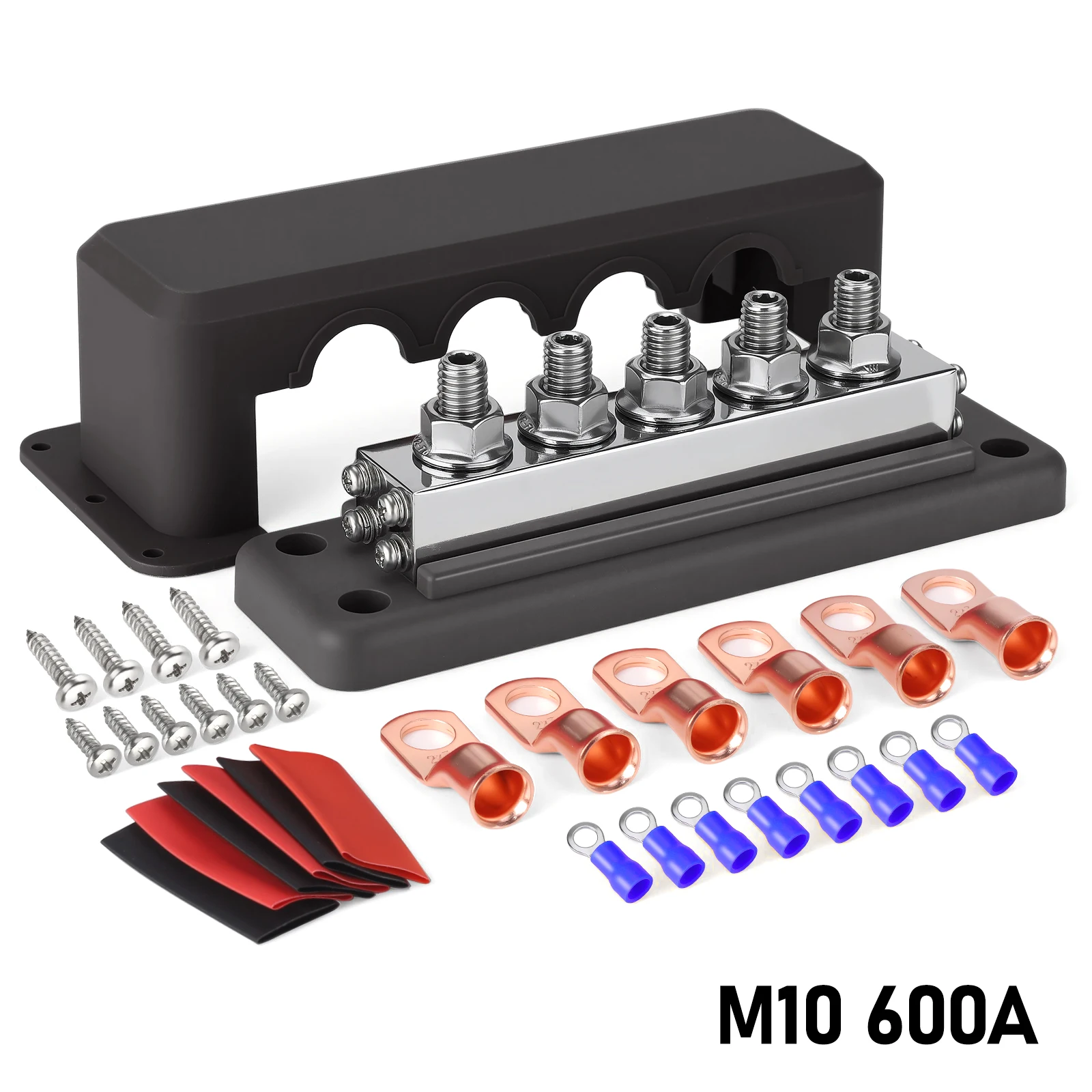 CNSPEED New 48V Bus Bar 5 Terminal Power Distribution Block DC 600A M10 Studs Positive Negative Terminal Block for Boat Car RV