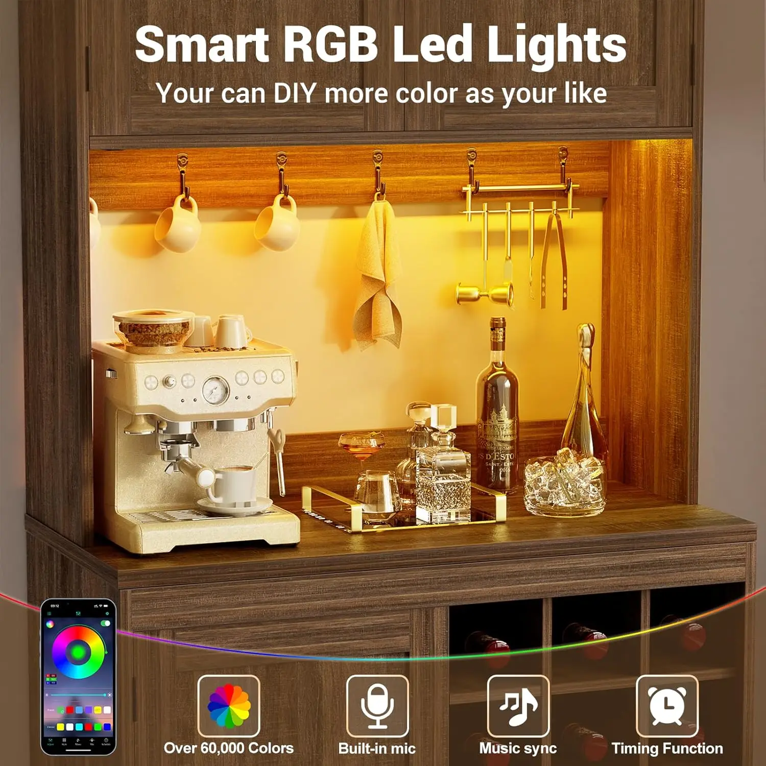 72" Tall Kitchen Pantry Cabinet With LED Light & Outlet, Kitchen Hutch Coffee Bar With Microwave Stand, Wine Rack,, Customized