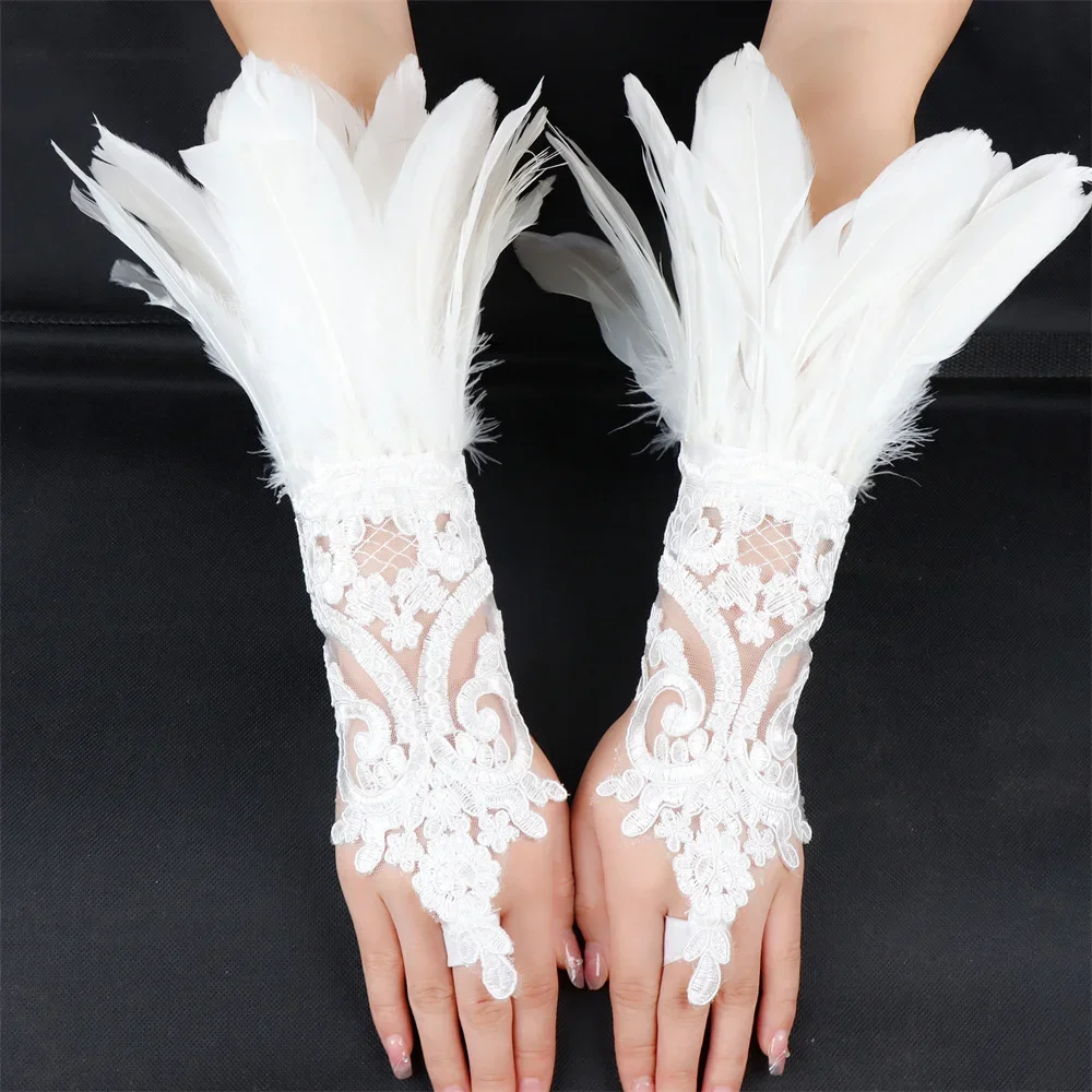 White Natural Feather Cuff Wrist Sleeve Lace Fur Feather Ankle Bracelets for Women Summer Party Boho Adjustable Bangles