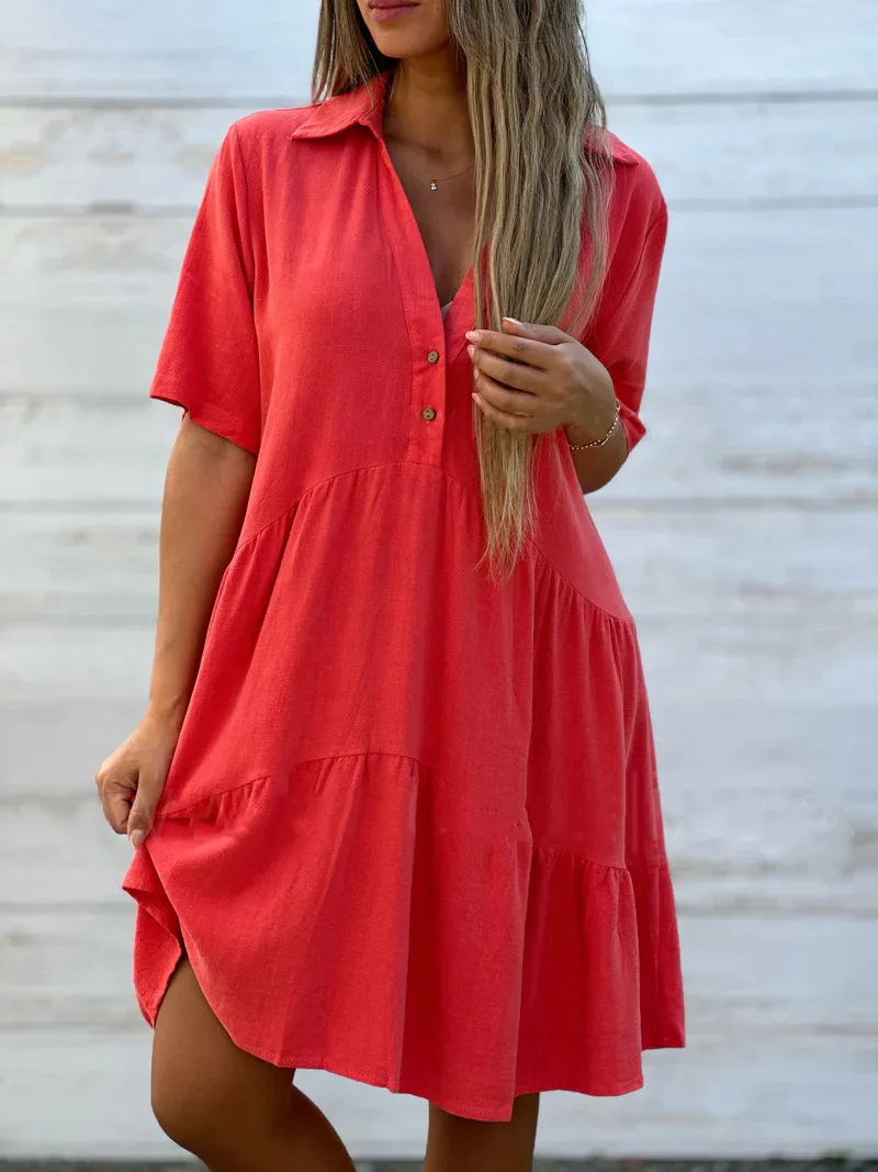 

2025 Women's Dress Loose Solid Color Lapel Casual Short-sleeved Cotton and Linen Dress Vestidos De Mujer