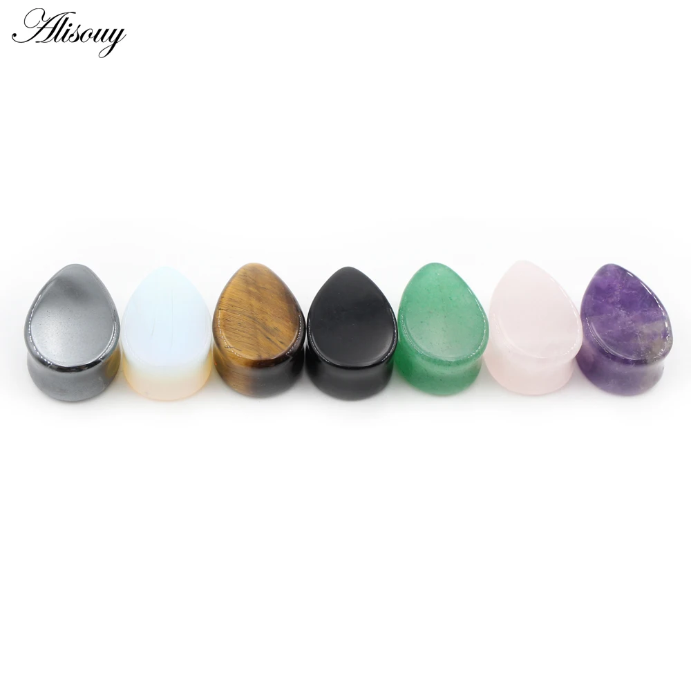 Alisouy 2pcs Natural Stone Flat Surface Water Drop Ear Plugs Tunnels Expander Stretcher Ear Earring Gauges Body Piercing Jewelry