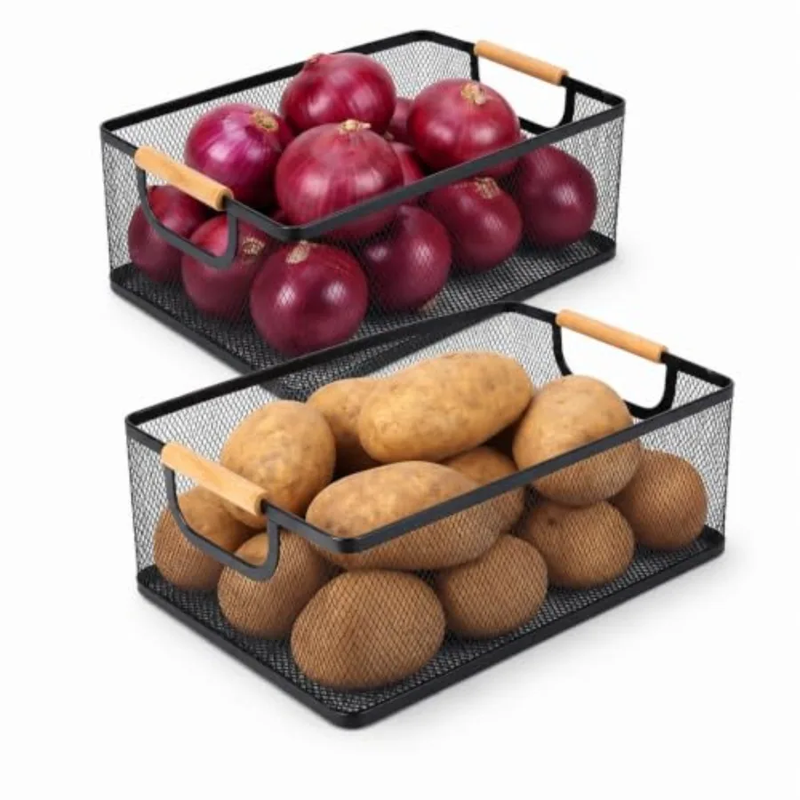 Potato and Onion Storage Bin, Set of 2 Potato Storage Onion Holder with Wooden Handle, Metal Mesh Vegetable Storage Fruit Baske